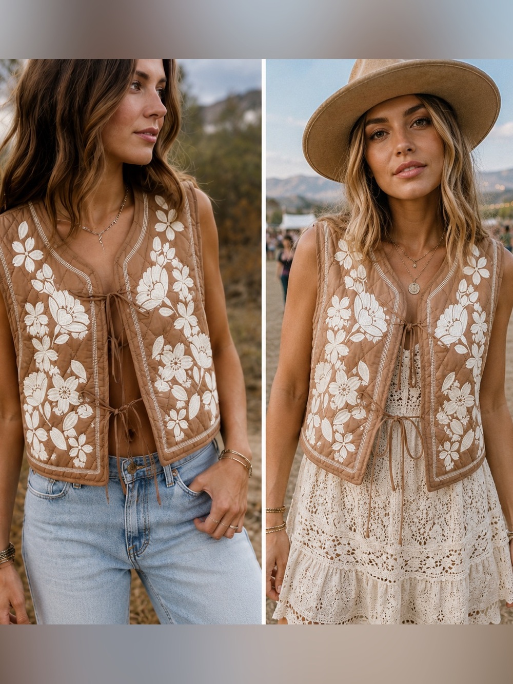 HYFVE Mocha and Cream Floral Embroidered Quilted Tie-Front Vest Bohemian Boxy